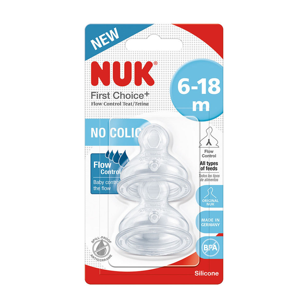 Tetinas de Silicona NUK First Choice Flow Control para Todo Tipo de Alimentos de 6 a 18 Meses - 2 Unidades