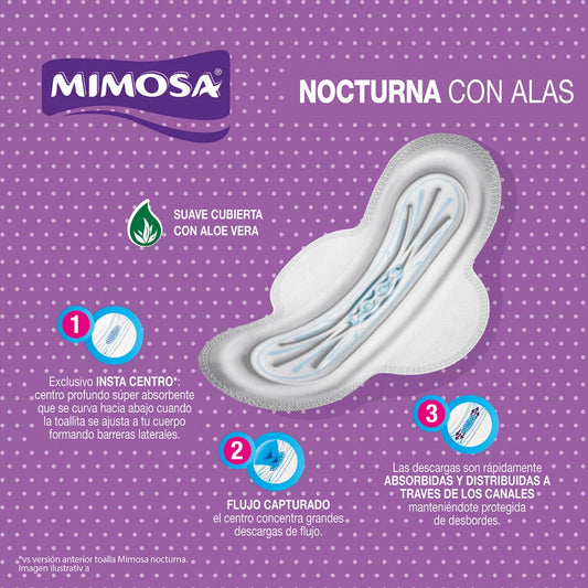 Toallitas Femeninas Mimosa Nocturnas con Alas 8 Unidades.
