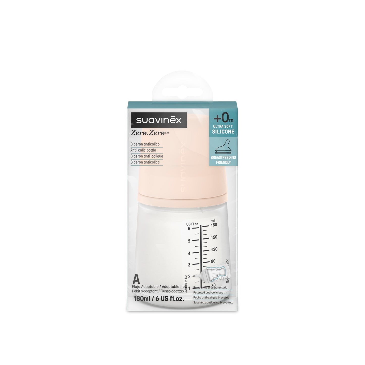 Mamadera Suavinex Anticólico Zero Zero 0+Meses Silicona - 180ml BPA