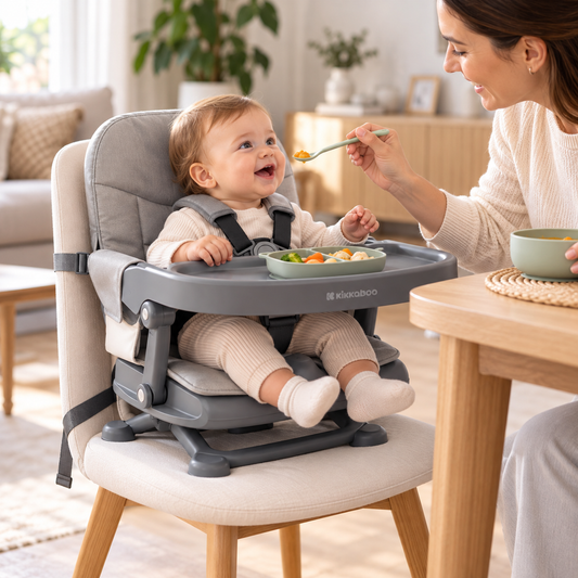 Silla de Comer Portátil para Bebé Kikkaboo Pappo – Adaptable a Silla de Comedor con Bandeja y Arnés – Gris