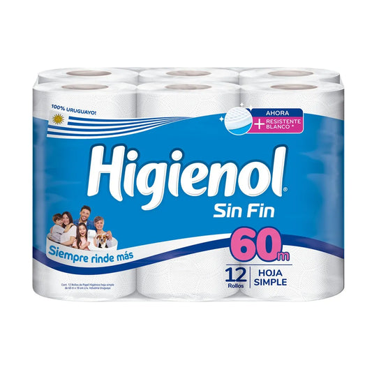 Papel Higiénico Higienol sin fin, 12 Rollos x 60 mts