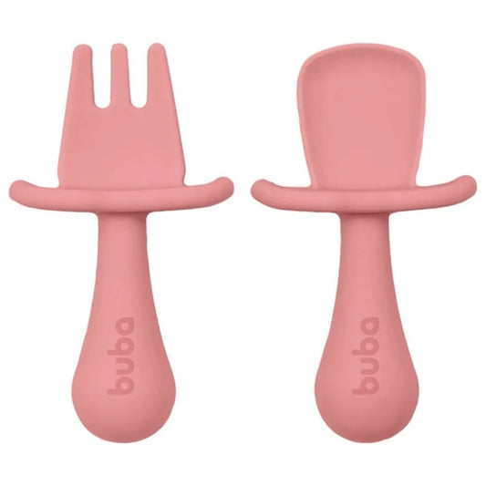 Set de Cubiertos de Silicona con Protector Buba Rosa +6 Meses - 2 Unidades