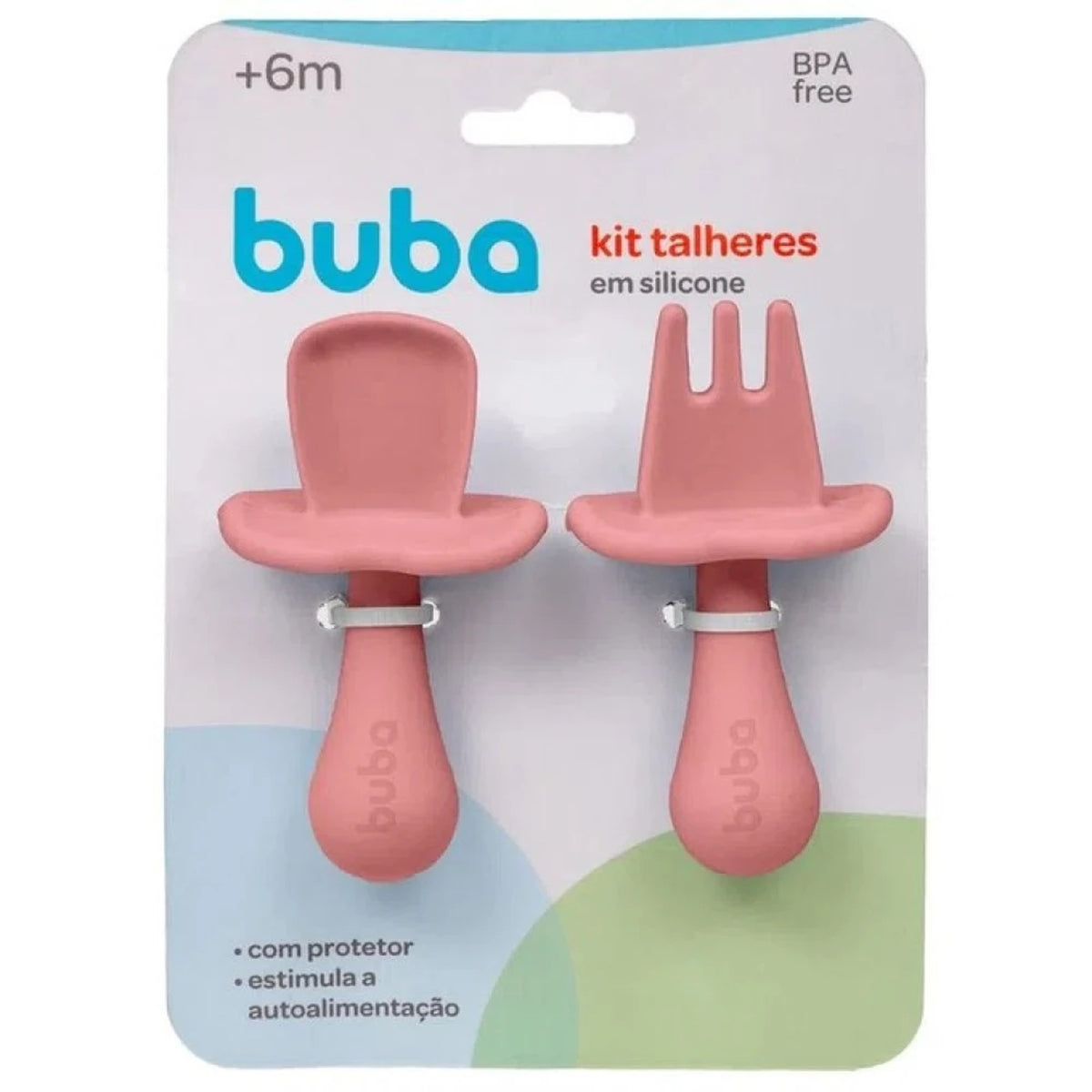 Set de Cubiertos de Silicona con Protector Buba Rosa +6 Meses - 2 Unidades