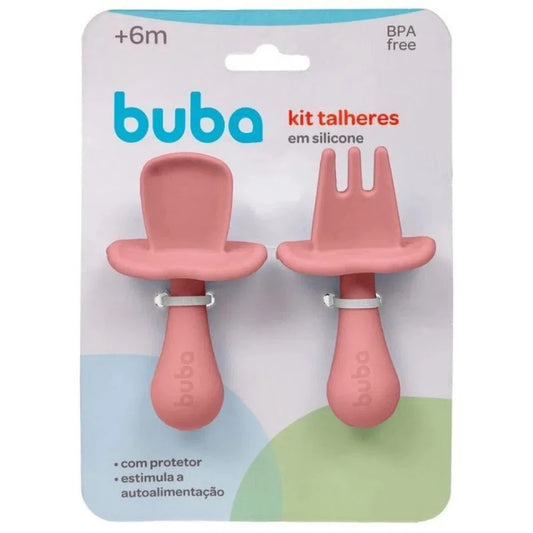 Set de Cubiertos de Silicona con Protector Buba Rosa +6 Meses - 2 Unidades