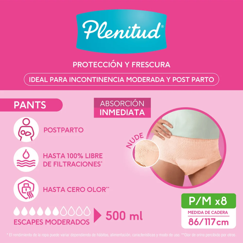 Pañales para Adultos Plenitud Femme Pants P/M - 8 Unidades