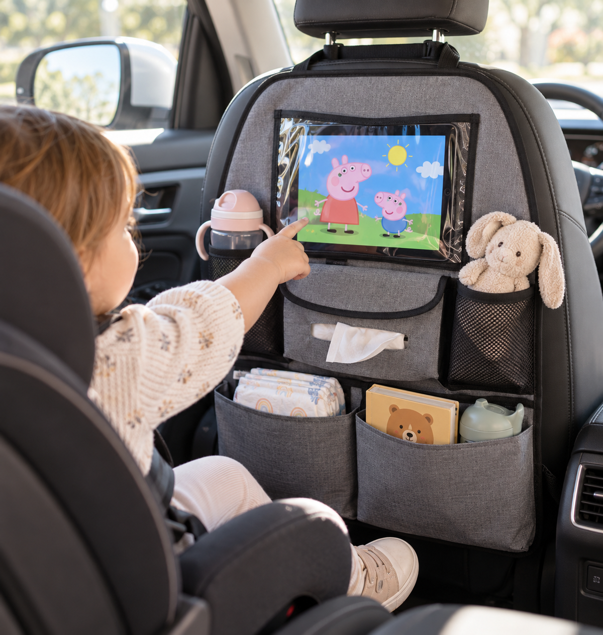 Organizador para Asiento de Auto Kikkaboo con Bolsillos y Porta Tablet – Gris