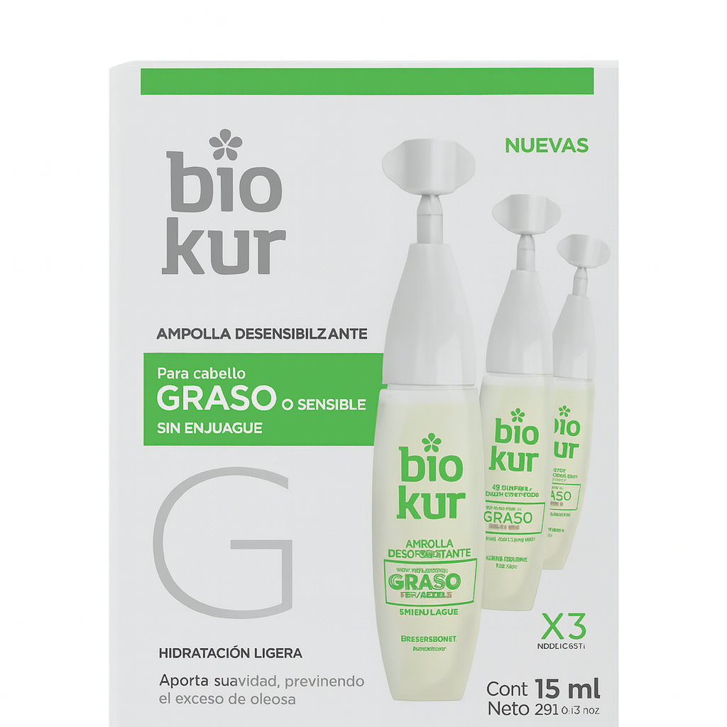 Ampolla BioKur para cabello graso o senesible 3 unidades x 15 ml