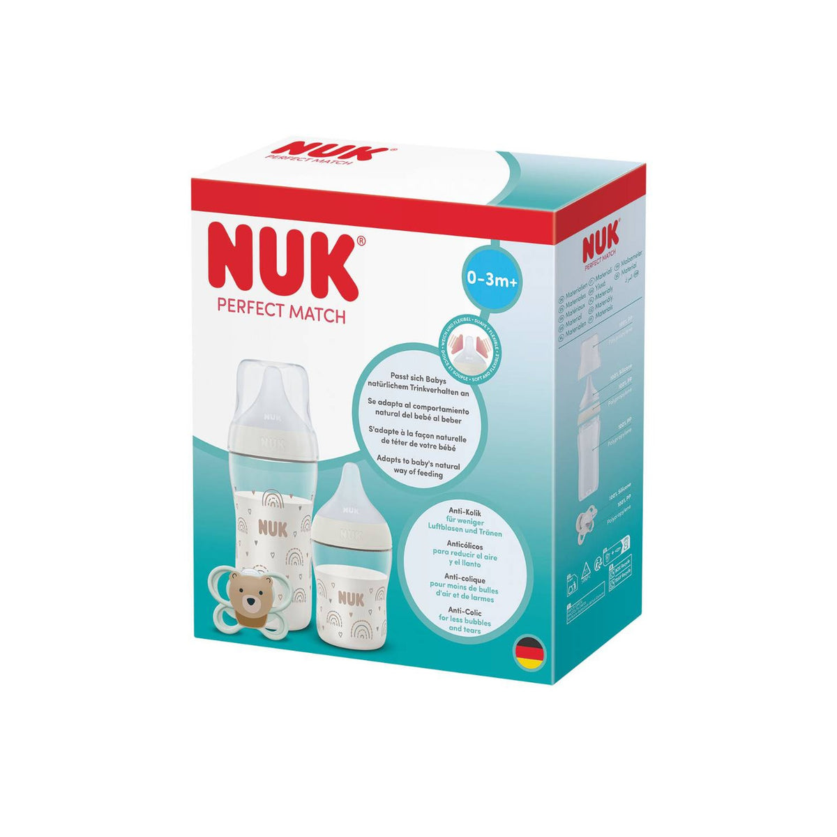 Set Inicio NUK Perfect Match Rainbow 2 Mamaderas + 1 Chupete de 0 a 3 Meses