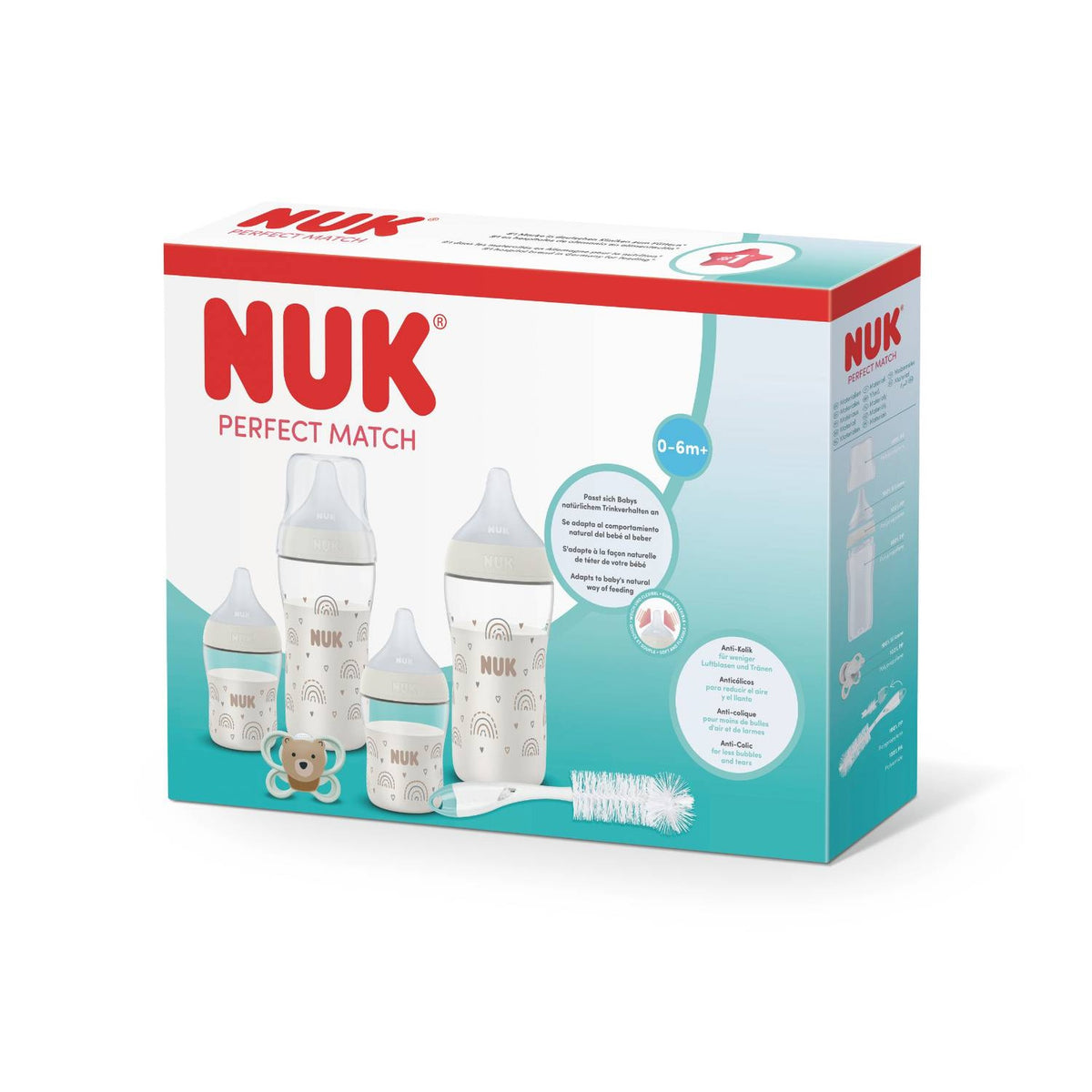 Set Completo NUK Perfect Match Start Rainbow 4 Mamaderas + 2 Tetinas + 1 Chupete + Cepillo de 0 a 6 Meses