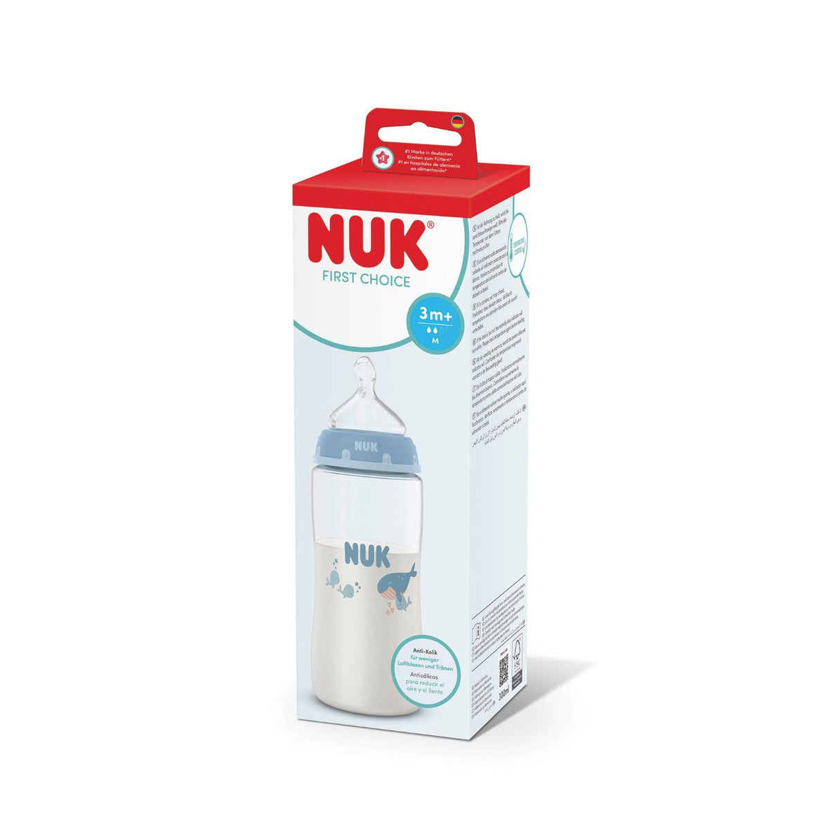 Mamadera NUK First Choice 300 ml Tetina de Silicona Flujo M Ballena Azul +3 Meses