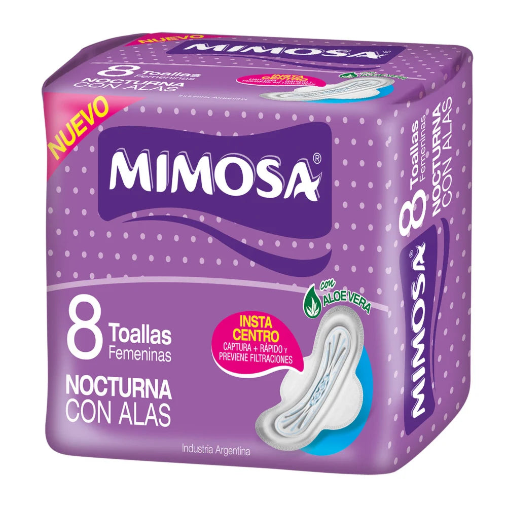 Toallitas Femeninas Mimosa Nocturnas con Alas 8 Unidades.