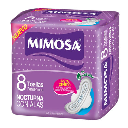Toallitas Femeninas Mimosa Nocturnas con Alas 8 Unidades.