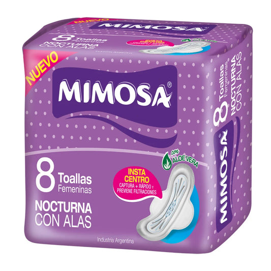 Toallitas Femeninas Mimosa Nocturnas con Alas 8 Unidades.