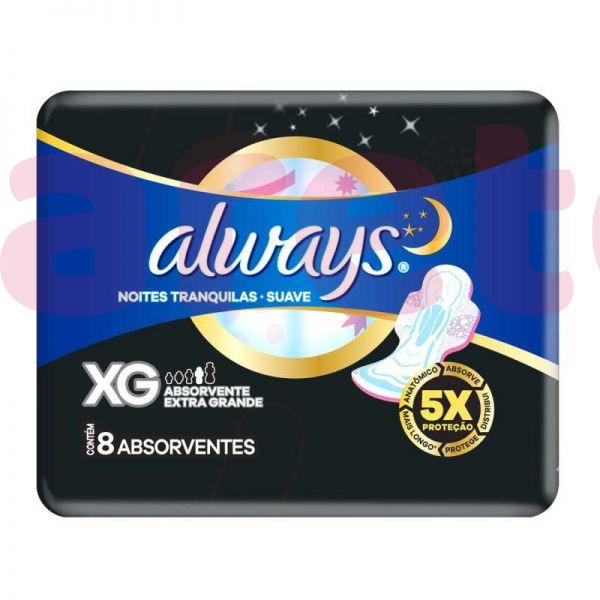 Toallitas Femeninas Always Nocturnas Plus con Alas XG 8 Unidades.