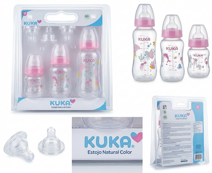 Pack Ahorro x3 Mamaderas Kuka Natural Plus Anatómicas Rosadas