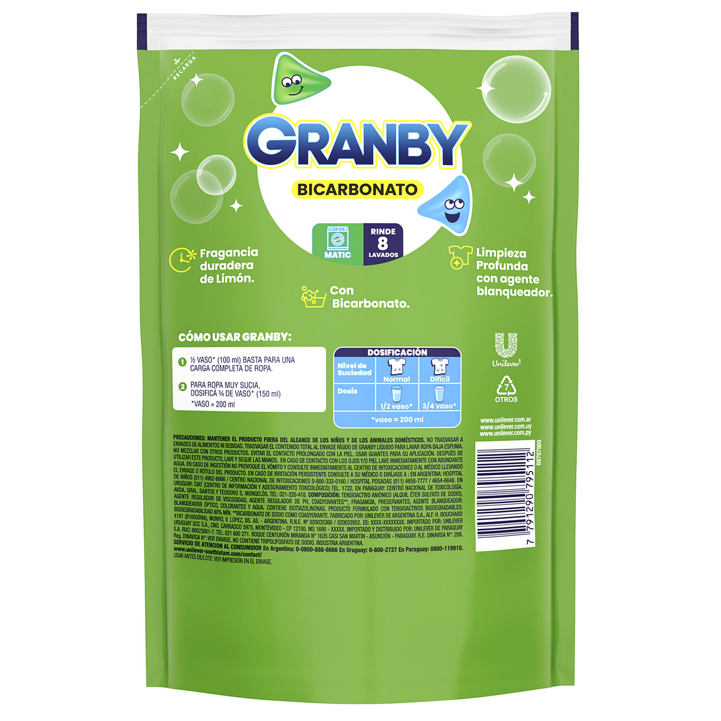 Jabón Líquido para Ropa Granby Bicarbonato Limón 800 ml