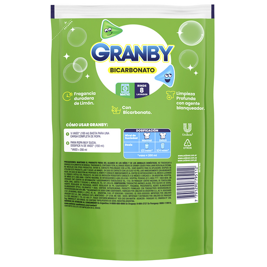 Jabón Líquido para Ropa Granby Bicarbonato Limón 800 ml
