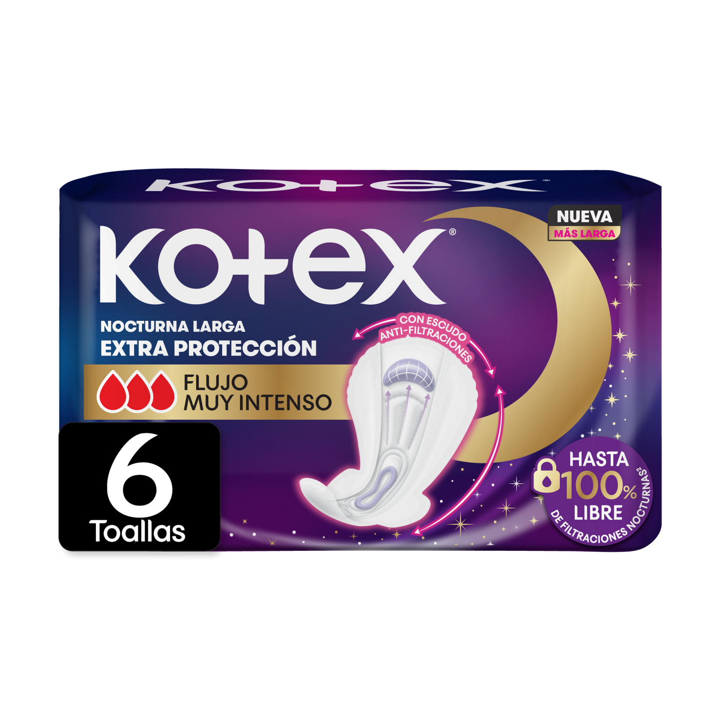 Toallitas Femeninas Kotex Nocturna Extra Protección con Alas 6 Unidades