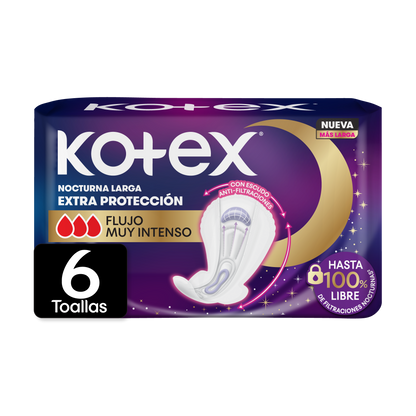 Toallitas Femeninas Kotex Nocturna Extra Protección con Alas 6 Unidades