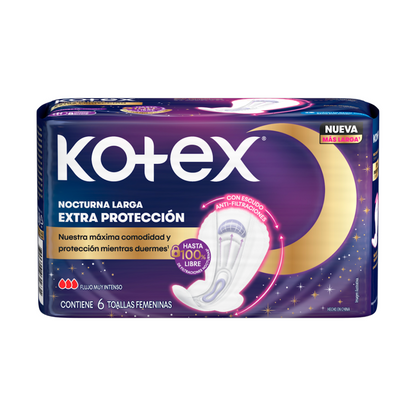 Toallitas Femeninas Kotex Nocturna Extra Protección con Alas 6 Unidades