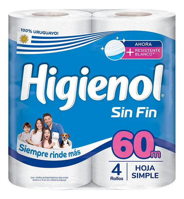 Papel Higiénico Higienol Hoja Simple Sin Fin 4 Rollos x 60 mts