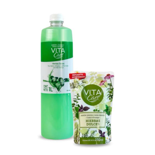 Jabón Líquido Para Manos Hierbas Dulces Vita Care 1Lt + Repuesto