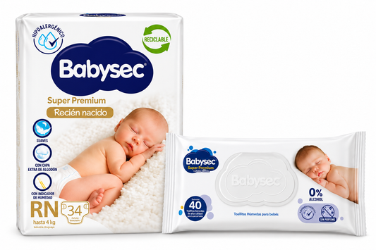 Pañales Babysec Super Premium RN - 34 + Toallitas Super Premium 50 ud