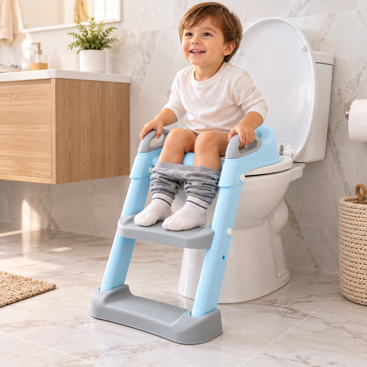 Reductor de Inodoro para Niños Kikkaboo con Escalera y Asiento Adaptador – Plegable Celeste