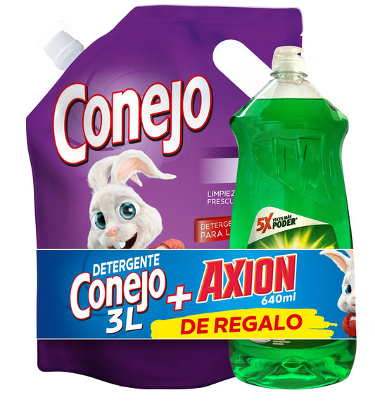 Jabón Líquido para Ropa Conejo Relax 3L + Detergente Axion 640 ml