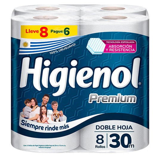 Papel Higiénico Higienol Premium Doble Hoja 30 m 8 Rollos