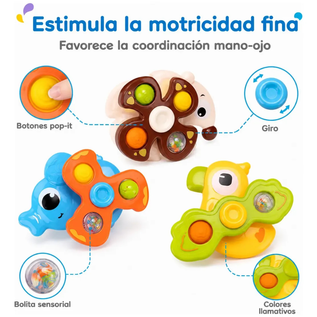 Set x3 Spinners Giratorios con Ventosa y Sonido de Animales