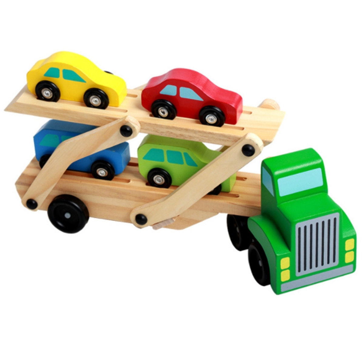 Camión de Madera Con Remolque y 4 Autos Para Niños Montessori
