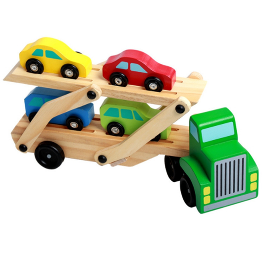 Camión de Madera Con Remolque y 4 Autos Para Niños Montessori