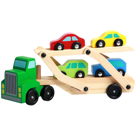 Camión de Madera Con Remolque y 4 Autos Para Niños Montessori