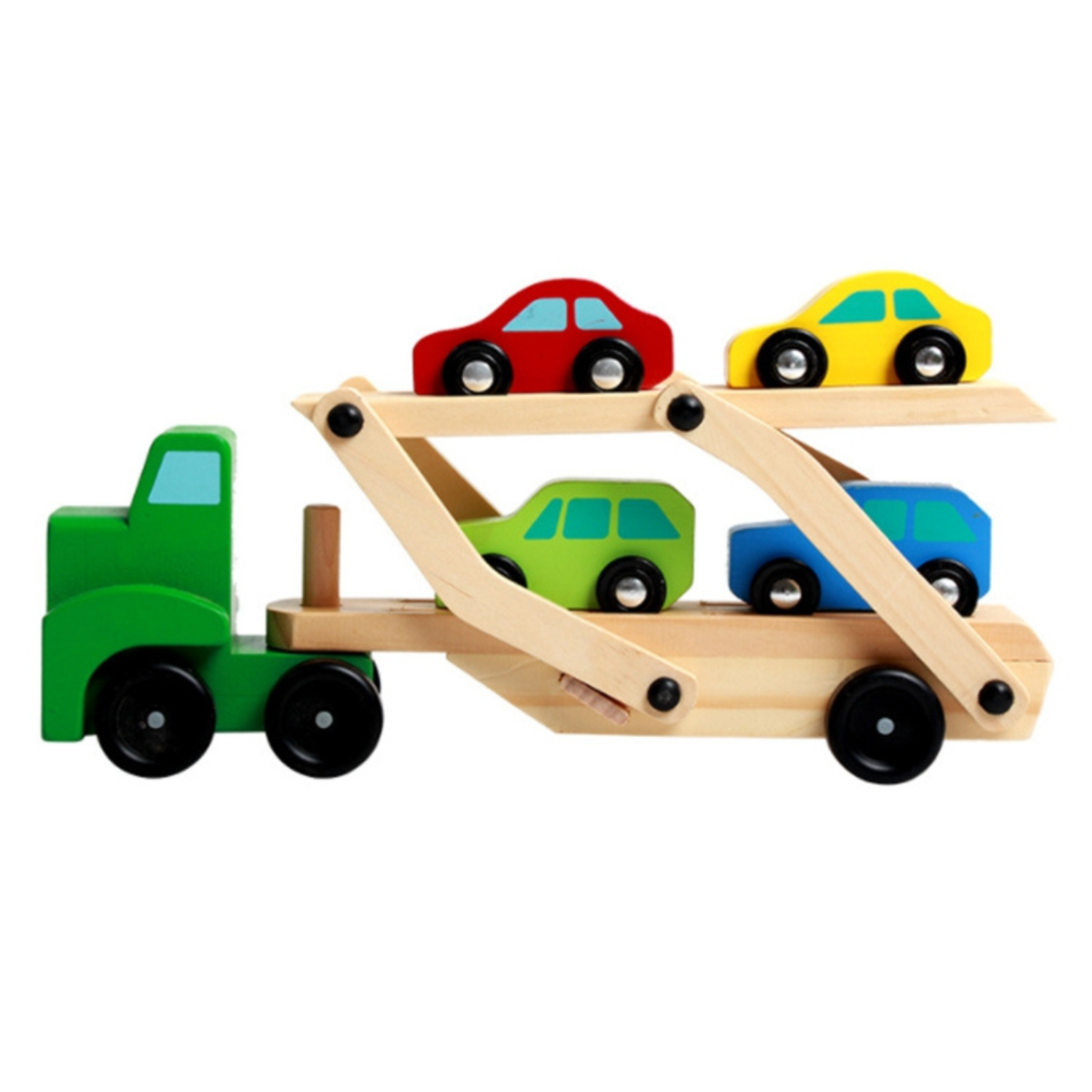 Camión de Madera Con Remolque y 4 Autos Para Niños Montessori