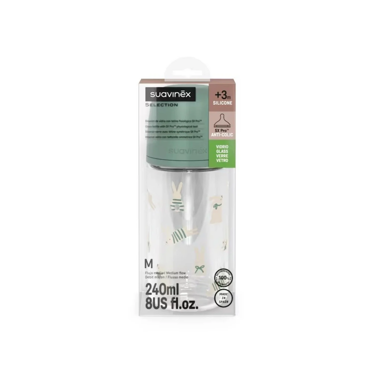 Mamadera de Vidrio Suavinex SX Pro 240 ml 3-6M Verde Conejos
