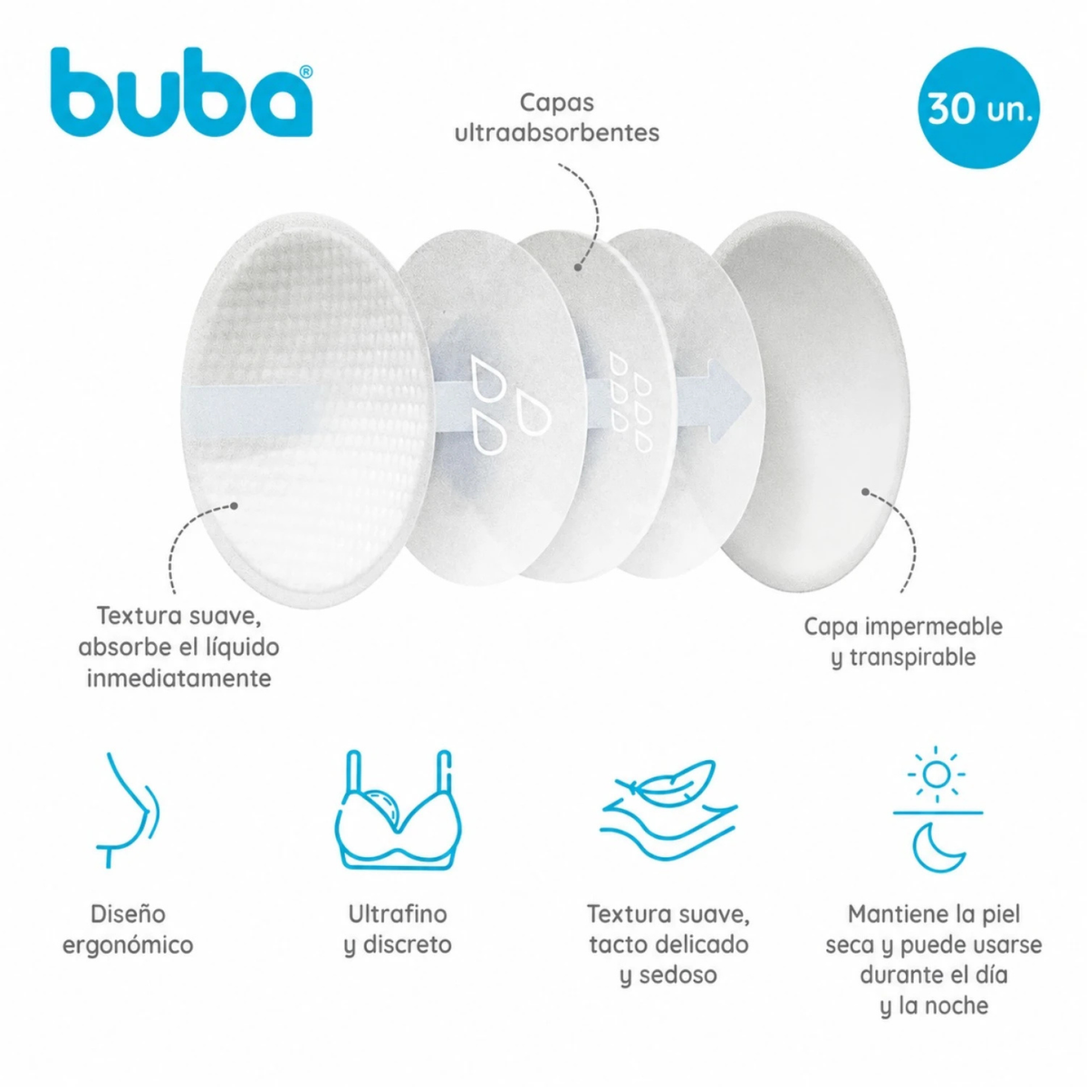 Discos Absorbentes Para Lactancia Buba Descartables - 30 Unidades