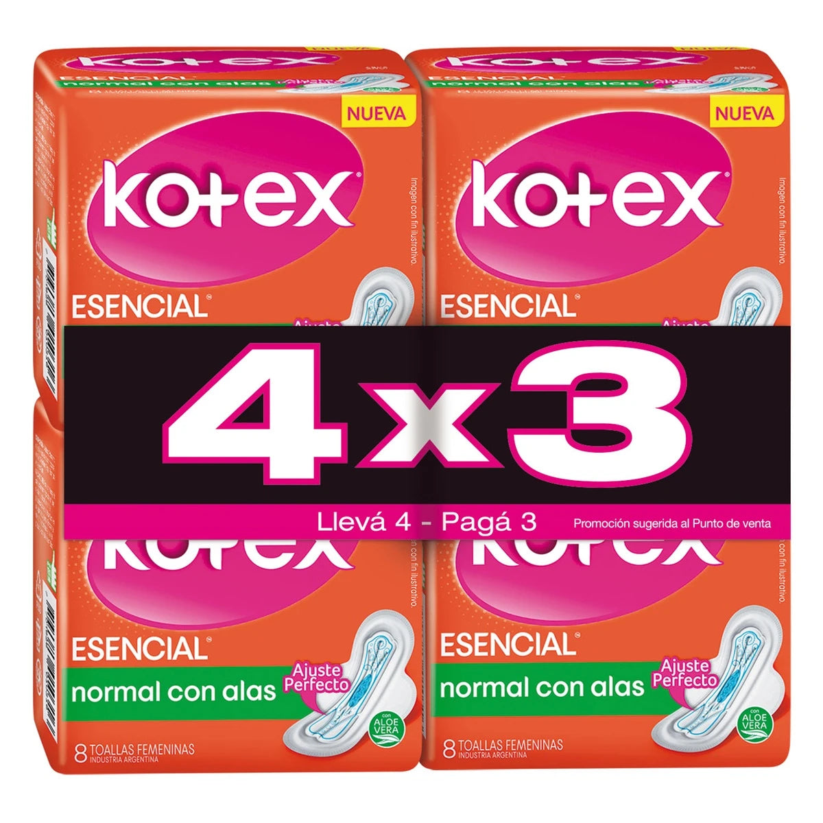 Toallitas Femeninas Kotex Esencial c/alas 4x3