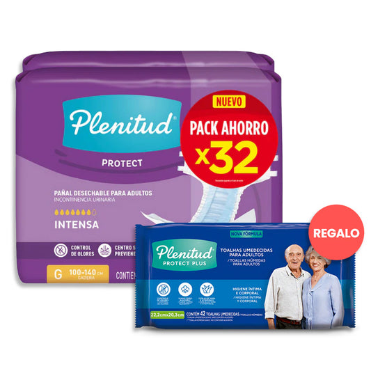 Pañales Plenitud Protect G - 32 unidades + Toallitas Húmedas Adulto Plenitud