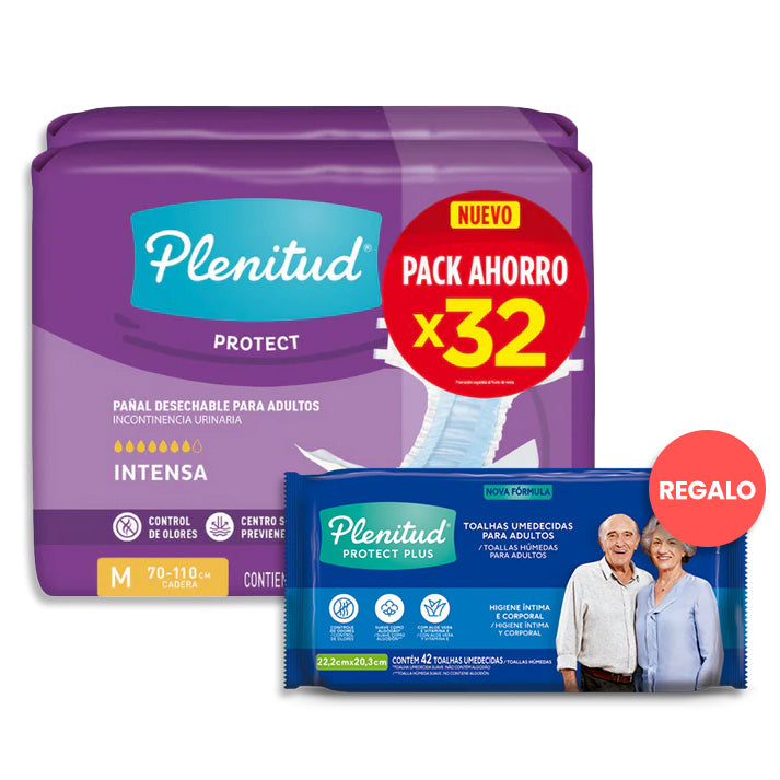 Pañales Plenitud Protect M - 32 unidades + Toallitas Húmedas Adulto Plenitud