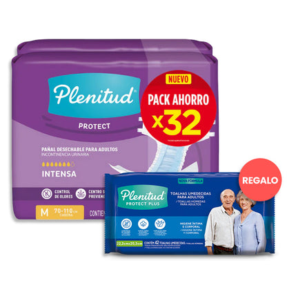 Pañales Plenitud Protect M - 32 unidades + Toallitas Húmedas Adulto Plenitud