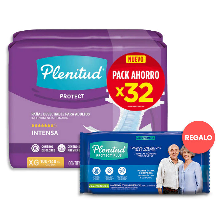 Pañales Plenitud Protect XG - 32 unidades + Toallitas Húmedas Adulto Plenitud
