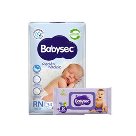 Pañales Babysec Super Premium RN - 34 + Toallitas Super Premium 50 ud