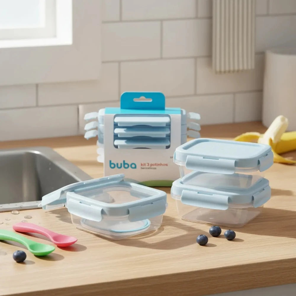 Set de 3 Tuppers Herméticos BUBA para Alimentos de Bebé – Celeste