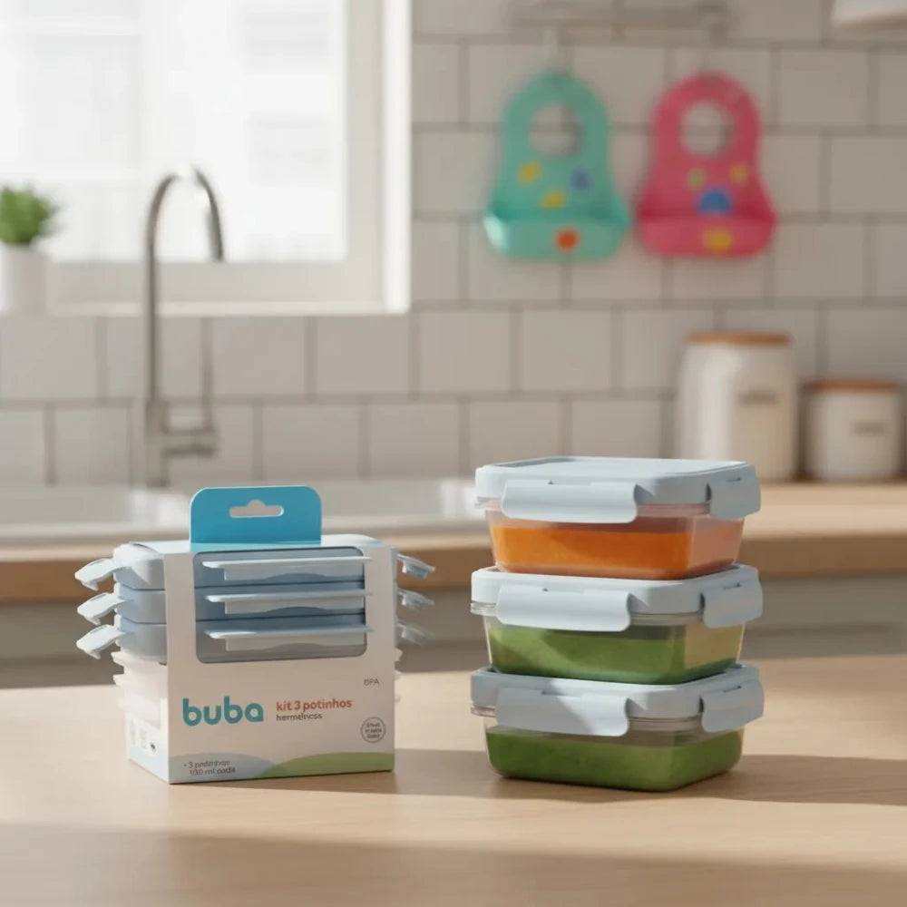 Set de 3 Tuppers Herméticos BUBA para Alimentos de Bebé – Celeste