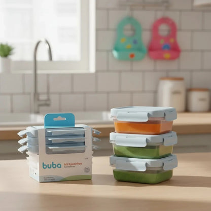 Set de 3 Tuppers Herméticos BUBA para Alimentos de Bebé – Celeste