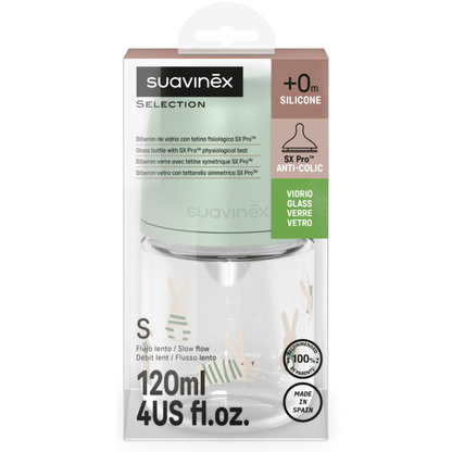 Mamadera de Vidrio Suavinex SX Pro 180 ml 3-6M Verde - Conejos