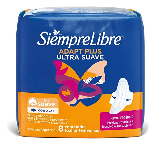 Toallas Femeninas Siempre Libre Adapt Plus Con Alas 8 Unidades