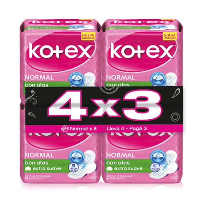 Toallitas Femeninas Kotex Normal con Alas 4x3