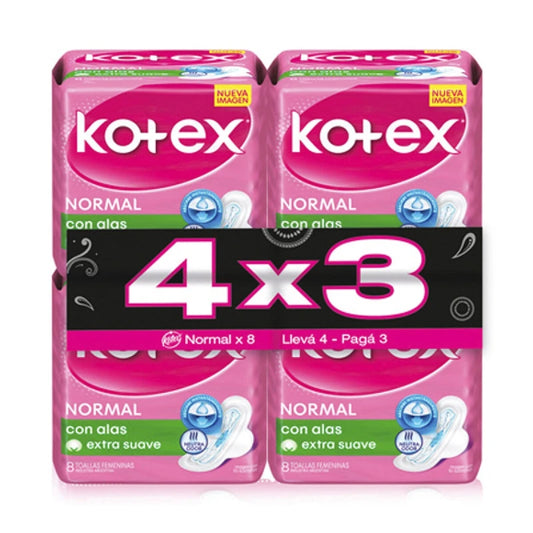 Toallitas Femeninas Kotex Normal con Alas 4x3